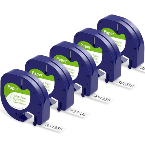 Aonomi Compatible Label Tape Replacement for DYMO Letratag Refills 91330 10697 (S0721510) Self-Adhesive Paper LT Tape for DYMO LetraTag Plus LT-100T LT-100H QX50 Label Maker, 1/2 Inch x 13 ft, 5-Pack