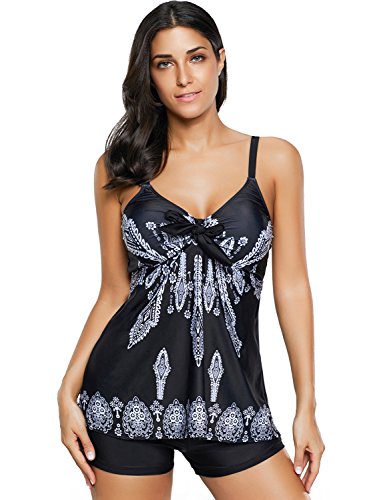 Zando Women Floral Tankini Tummy Control Swimwear Tank Top Retro Printed Swimsuit with Boyshorts Two Piece Bathing Suit