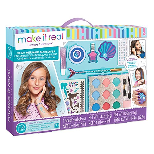 Make It Real - Mega Mermaid Makeover. Â Mermaid Themed Girls Makeup Kit. Starter Cosmetic Set for Kids and Tweens. Includes Case, Mirror, Eye Shadow, Blush, Mermaid Brushes, Lip Gloss, Nail Polish