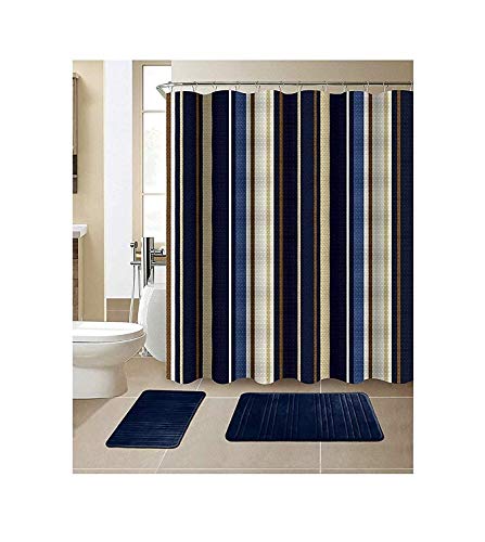 Book Cover All American Collection 15-Piece Bathroom Set with 2 Memory Foam Bath Mats and Matching Shower Curtain | Designer Patterns and Colors (Stripe Navy)