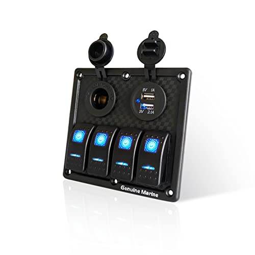 THALASSA 4 Gang Rocker Switch Panel Blue LED Indicator, Waterproof with 15A Fuse 5V Dual 2.1A USB Charger Socket for DC 12V/24V Marine Boat Car Rv Vehicles Truck
