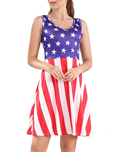 Melynnco Womens American Flag Dress 4th of July Stars Stripes V Neck Fit and Flare Tank Sundresses Casual Summer