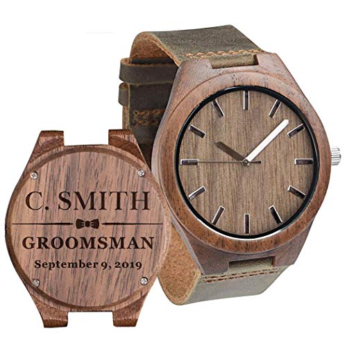 Custom Engraved Wooden Watches for Men Personalized Groomsmen Watches Anniversary Birthday Watch for Husband Boyfriend Dad Him Leather Strap Double-Sided