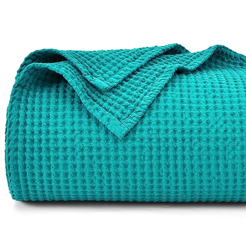 PHF 100% Cotton Waffle Weave Blanket Twin Size 66"x90" -Lightweight Washed Soft Breathable Blanket for All Season-Perfect Blanket Layer for Couch Bed Sofa -Elegant Home Decoration - Teal
