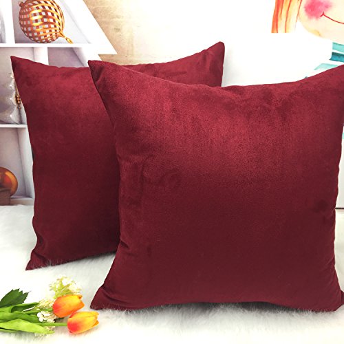 Book Cover YOUR SMILE Pack of 2, Velvet Suede Soft Solid Color Decorative Square Throw Pillow Covers Set Cushion Cases Pillowcases for Sofa Bedroom Car 18 x 18 (Burgundy)