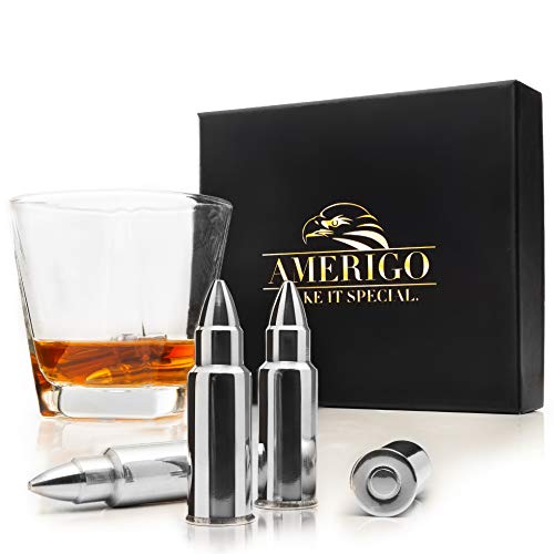 Whiskey Stones Bullets with High Cooling Technology - Stainless Steel Whiskey Bullets - Reusable Ice cubes - Best Gift for Men - Set of 6 Whiskey Ice Cubes + Ice Tongs - Whiskey Stones Gift Set