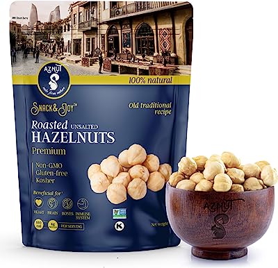 Book Cover AZNUT Roasted Unsalted Hazelnuts , Premium Quality 100% Natural Non-GMO Project Certified, Kosher Certified, No Salt, No Oil, Gluten Free, Keto Diet Snacks, Resealable Bag 1 LB