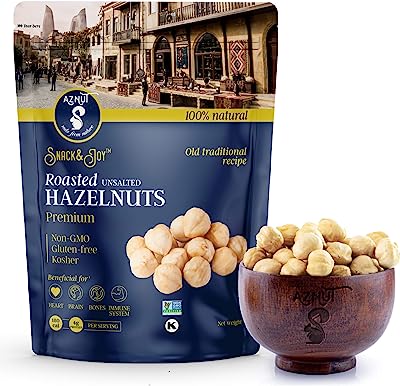 AZNUT Roasted Unsalted Hazelnuts , Premium Quality 100% Natural Non-GMO Project Certified, Kosher Certified, No Salt, No Oil, Gluten Free, Keto Diet Snacks, Resealable Bag 1 LB