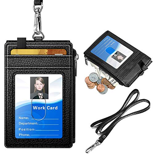 Book Cover ELV Badge Holder with Zipper, PU Leather ID Badge Card Holder Wallet with 5 Card Slots, 1 Side RFID Blocking Pocket and 20 inch Neck Lanyard Strap for Offices ID, School ID, Driver Licence (Black)