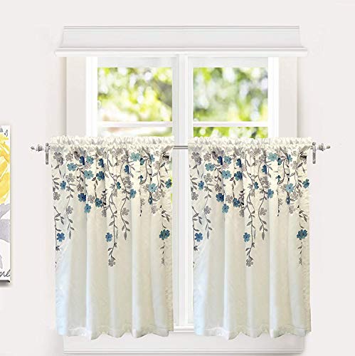 DriftAway Isabella Faux Silk Embroidered Kitchen Tiers Embroidered Crafted Flower 2 Tiers 30 Inch by 36 Inch Plus 1.5 Inch Header Ivory Blue