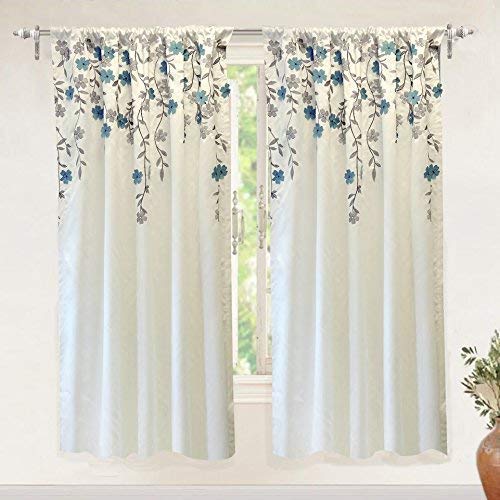 Book Cover DriftAway Isabella Faux Silk Embroidered Window Curtain Embroidered Crafted Flower Lined with Thermal Fabric Single Panel 50 Inch by 63 Inch Ivory Blue Ivory/Blue 50”x63”