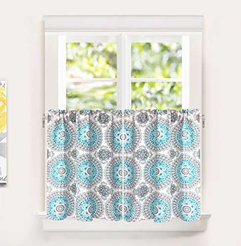 Book Cover DriftAway Bella Medallion Pattern Kitchen Tier Rod Pocket Window Curtain Set of 2 Each Size 30 Inch by 36 Inch Plus 1 Inch Header Aqua and Gray