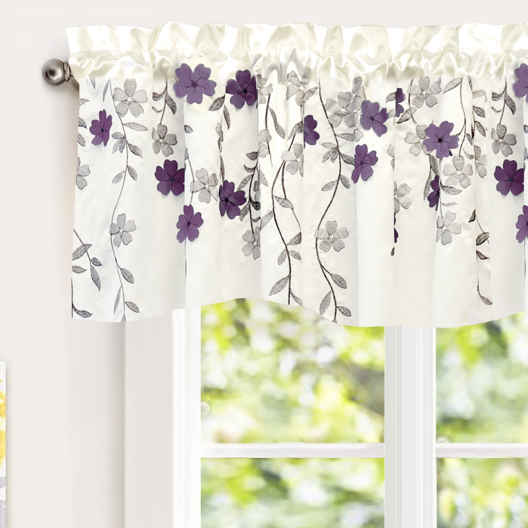 Book Cover DriftAway Isabella Faux Silk Embroidered Kitchen Swag Valance Embroidered Crafted Flower Single 60 Inch by 18 Inch Plus 1.5 Inch Header Ivory Purple 1 Ivory/Purple