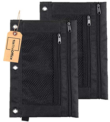 1InTheOffice Pencil Pouch 3 Ring, Black,"2 Pack" (Canvas Black)