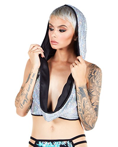 iHeartRaves Rainbow Hologram Hoodie Draped Cowl Hood Crop Top (One Size)