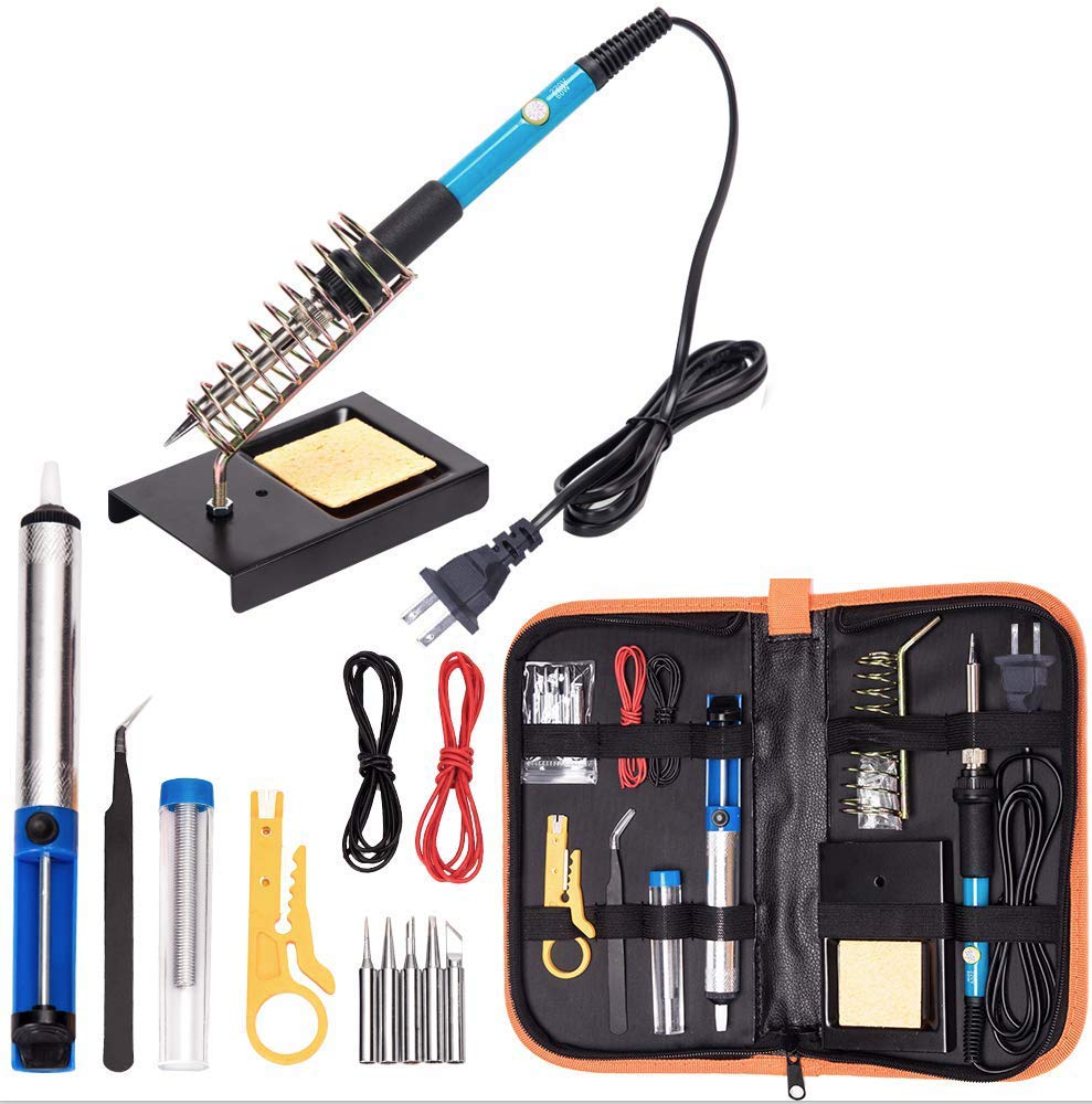 hothuimin Soldering Iron Kit Electronics, 60W 110V Adjustable Temperature Welding Tool, 5pcs Soldering Tips, Desoldering Pump, Soldering Iron Stand with Carrying Case