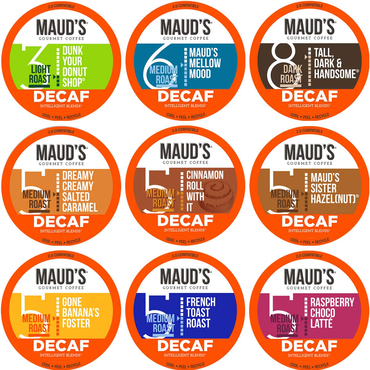 Book Cover Maud's Decaf Coffee Variety Pack, 80ct. Solar Energy Produced Recyclable Single Serve Swiss Water Processed Decaf Coffee Pods - 100% Arabica Decaffeinated Coffee California Roasted, KCup Compatible Original Decaf Variety Pack 80 Count (Pack of