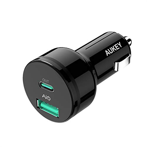 AUKEY Car Charger with Power Delivery, 27W USB-C & 5V/2.4A USB Dual Port Output for Macbook, iPhone X / 8 / Plus, SamsungÂ Galaxy Note8 and MoreÂ 