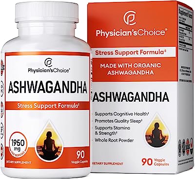 Book Cover Ashwagandha 1950mg Organic Ashwagandha Root Powder Extract of Black Pepper Anxiety Relief, Thyroid Support, Cortisol & Adrenal Support, Anti Anxiety & Adrenal Fatigue Supplements 90 Veggie Capsules