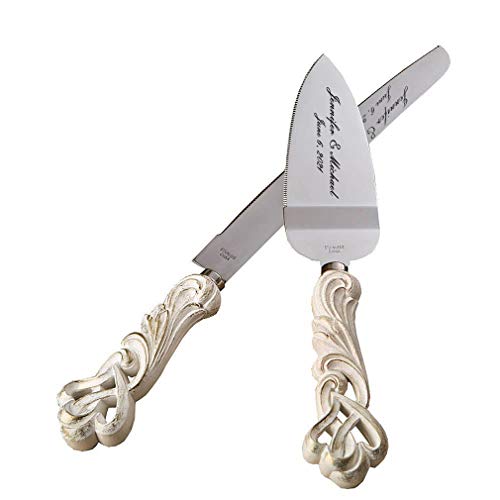 Personalized, ENGRAVED Fashioncraft Vintage Double Heart Design Knife And Cake Server Set, Ivory, Black Engraving
