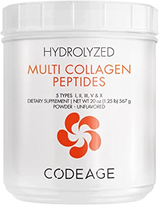 Codeage Multi Collagen Protein Powder Hydrolyzed, Type I, II, III, V, X Grass Fed All in One Super Bone Broth and Collagen, 20 Ounces