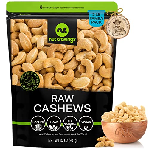 Book Cover Nut Cravings - Raw Whole Cashews, Unsalted, Shelled, Superior to Organic (32oz - 2 LB) Bulk Nuts Packed Fresh in Resealable Bag - Healthy Protein Food Snack, All Natural, Keto Friendly, Vegan, Kosher