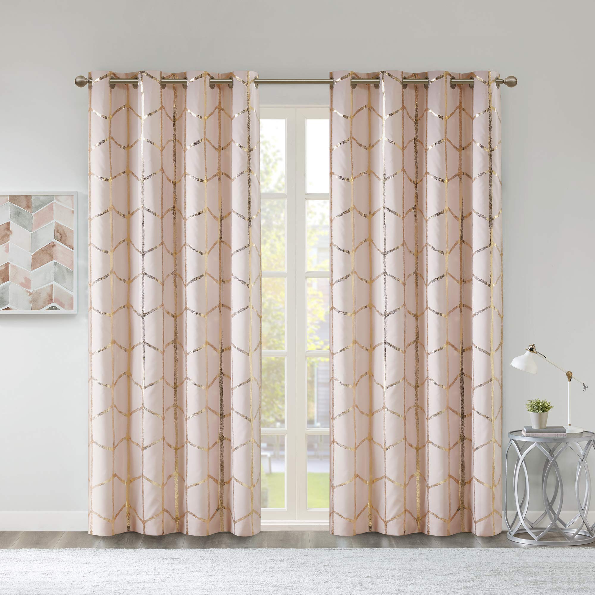 Book Cover Intelligent Design Raina Total Blackout Metallic Print Grommet Top Single Curtain Panel Thermal Insulated Light Blocking Drape for Bedroom Living Room and Dorm, 50x84, Blush/Gold 1 Piece Blush/Gold 50