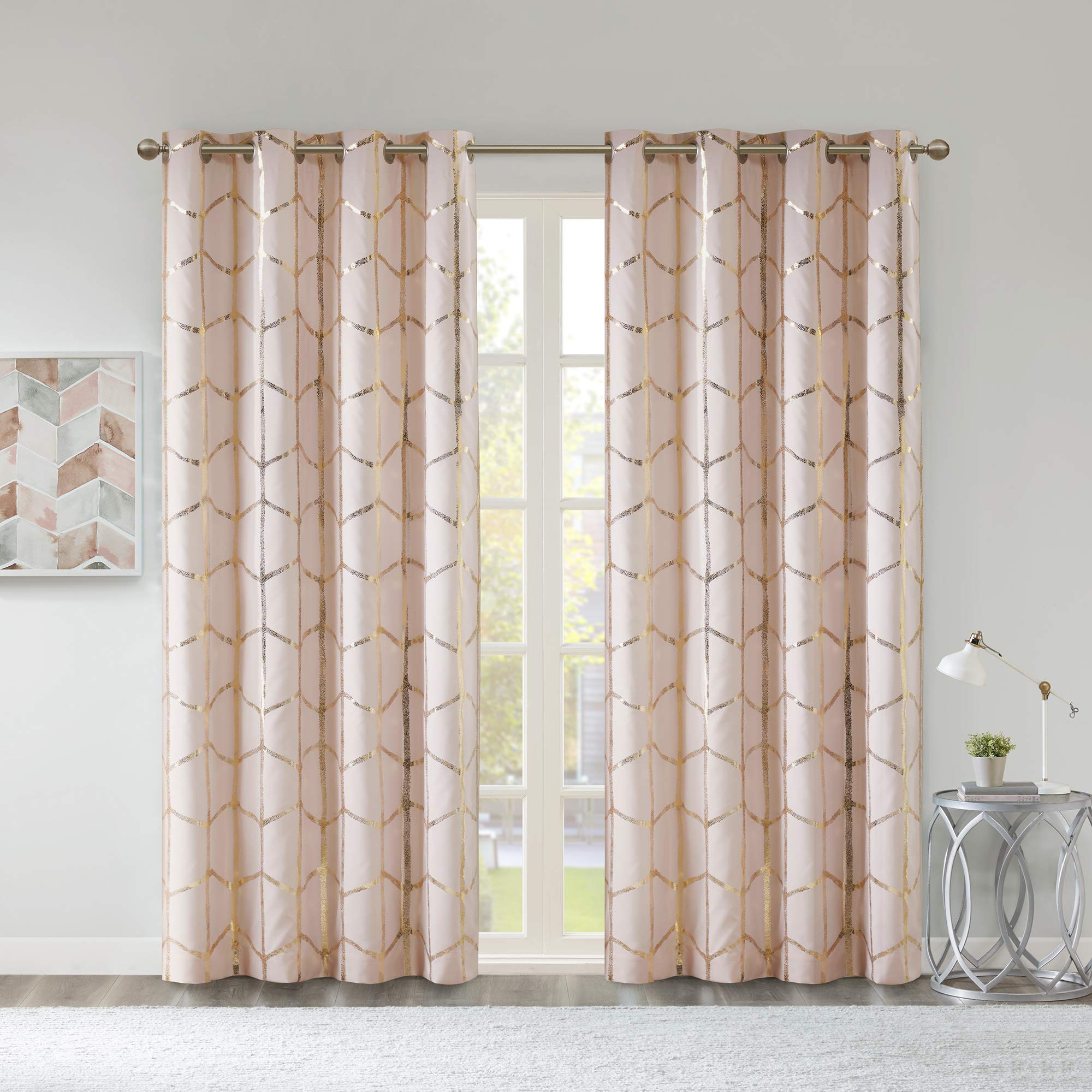 Intelligent Design Raina Total Blackout Metallic Print Grommet Top Single Curtain Panel Thermal Insulated Light Blocking Drape for Bedroom Living Room and Dorm, 50x84, Blush/Gold 1 Piece Blush/Gold 50"W x 84"L