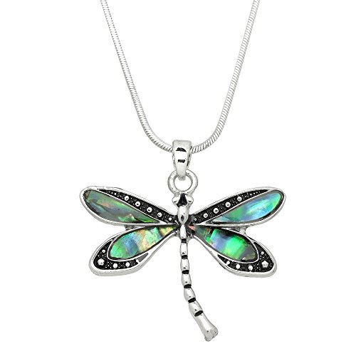 Liavy's Dragonfly Charm Pendant Fashionable Necklace - Abalone Paua Shell - 17" Snake Style Chain - Unique Gift and Souvenir
