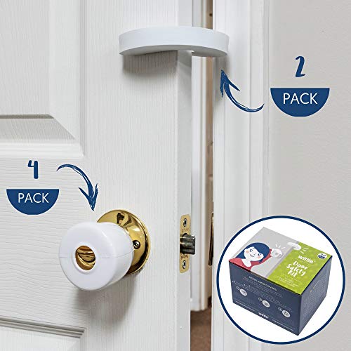 Wittle Door Knob Safety Cover - 4pk Plus Finger Pinch Guard - 2pk. Door Safety Kit for Kids, Toddler and Baby. Child Proof Door Lock Keeps Kid Out While U Shape Foam is a Great Door Slam Stopper