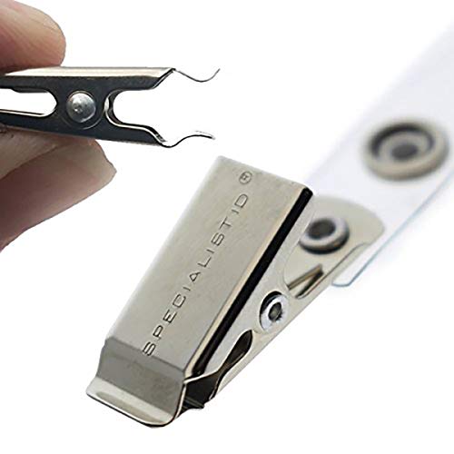25 Pack - Premium Clothing Friendly ID Badge Clips - Metal Alligator Swivel Card Clip & Clear Plastic PVC Vinyl Strap with Button Snap Great for Name Tags & Access Badges by Specialist ID