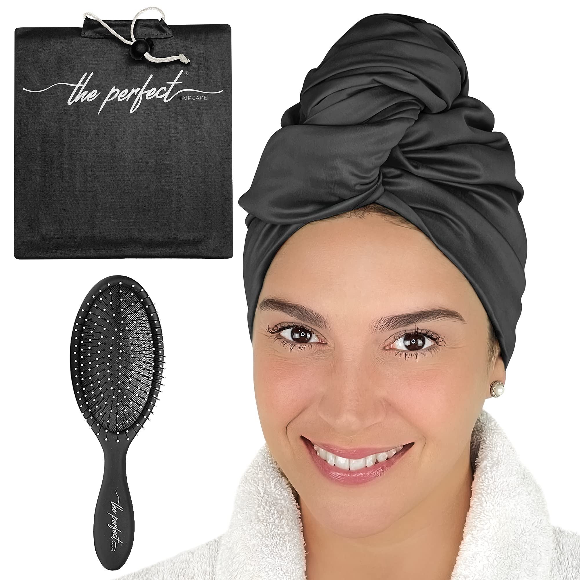 Book Cover THE PERFECT HAIRCARE Ultra-Fine Microfiber Hair Towel Wrap & Wet/Dry Detangling Hair Brush Anti-Frizz Turban for Curly or Wavy Haired Women Girls & Kids - Quick Drying - Good for Travel (Black)