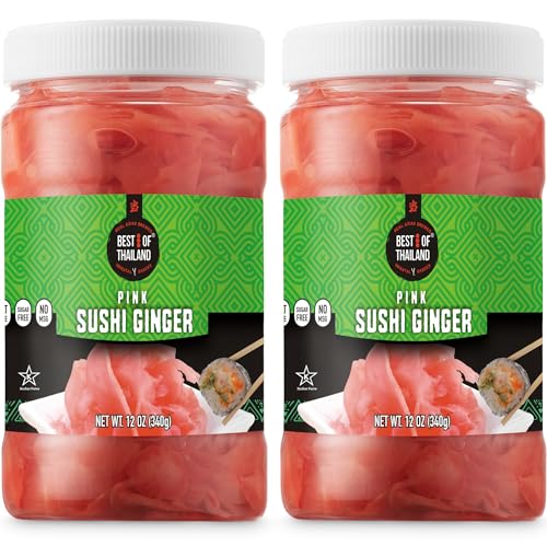 Pickled Sushi Ginger - 2 Jars of 12-oz - Japanese Pickled Gari Sushi Ginger Kosher, Fat Free, Sugar Free, No MSG - By Best of Thailand 2 x 12 Ounce