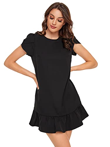 Verdusa Women's Round Neck Petal Short Sleeve Ruffle Hem Tunic Dress