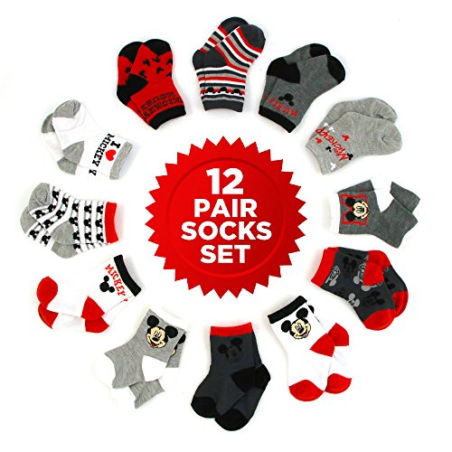 Disney Baby Boys Mickey Mouse Character Assorted Color 12 Pair Socks Set, Multi-Color, Age 0-24 Months