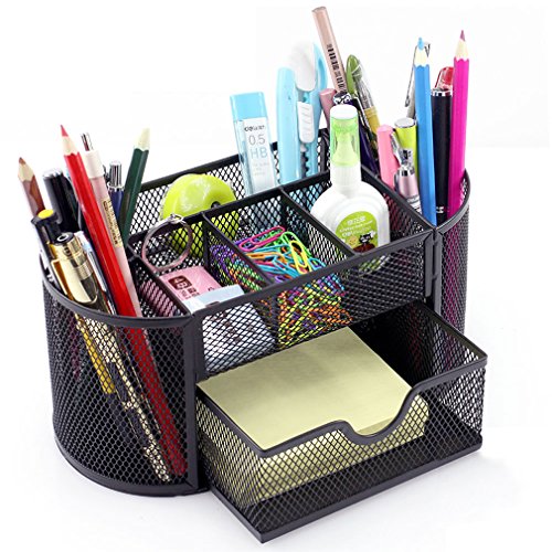 Book Cover MONBLA Desk Supplies Organizer Multi-functional Stationery Caddy Mesh Oval Pencil Holder Desk Office Supplies Organizer 9 Compartments with Drawer for Note Pads Black