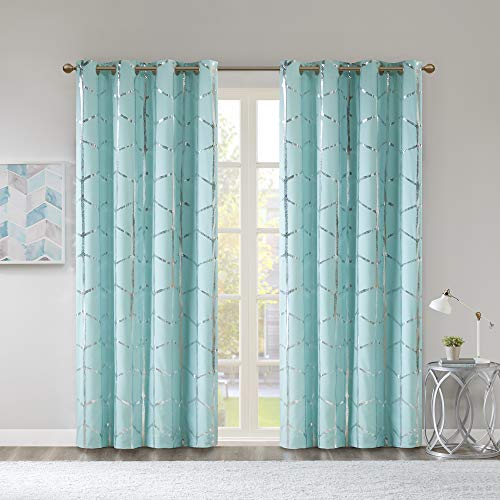 Book Cover Intelligent Design Raina Total Blackout Metallic Print Grommet Top Single Window Curtain Panel Thermal Insulated Light Blocking Drape for Bedroom Living Room and Dorm 1 Piece, 50x84, Aqua/Silver