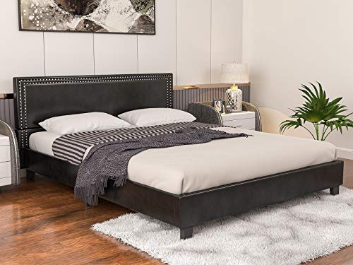 Book Cover mecor Faux Leather Platform Bed Frame / Upholstered Panel Bed Full Size, No Box Spring Needed, Nailhead Trim Headboard Design, Black Full