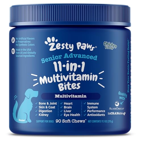 Zesty Paws Senior Advanced Multivitamin for Dogs - Glucosamine Chondroitin for Hip & Joint Arthritis Relief - Dog Vitamins & Fish Oil for Skin & Coat - Digestive Enzymes MSM + CoQ10-90 Chew Treats