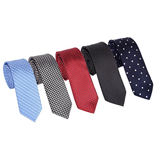 Faleto 5pcs Mens Wedding Tie Set Skinny Business 2 Inch Silk Neckties Special Novelty Ties in Houndstooth Polka Dot Floral Pattern