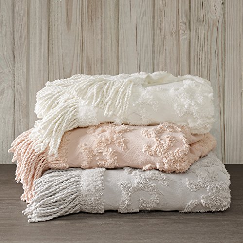 Book Cover Madison Park Chloe 100% Cotton Tufted Chenille Design With Fringe Tassel Luxury Elegant Chic Throw Blanket For Couch, Bed, 50X60