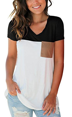 SAMPEEL Women's Basic V Neck T Shirt with Suede Pocket S-XXL