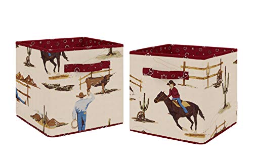 Book Cover Tan and Red Cowboy Foldable Fabric Storage Cube Bins Boxes Organizer Toys Kids Baby Childrens for Wild West Collection by Sweet Jojo Designs - Set of 2