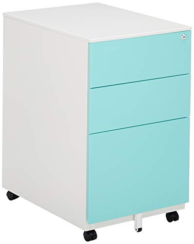 Book Cover Aurora FC-103BL Fully Assembled Modern Soho Design 3-Drawer Metal Mobile File Cabinet with Lock Key, White/Aqua Blue
