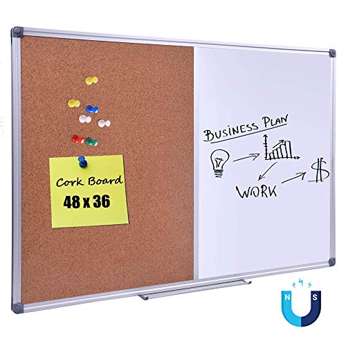 DexBoard 48 x 36 Inch Magnetic Dry Erase/Cork Combo Board, Wall Mounted Whiteboard & Corkboard Combination with Aluminum Frame