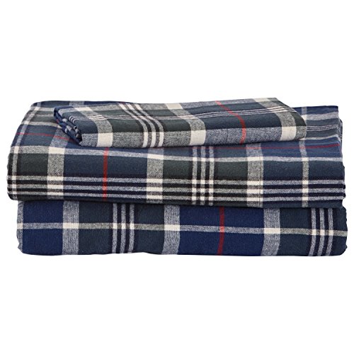 Book Cover Amazon Brand â€“ Stone & Beam Rustic 100% Cotton Plaid Flannel Bed Sheet Set, Easy Care, Twin XL, Blue and Green
