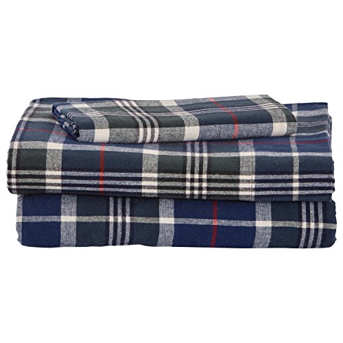 Amazon Brand â€“ Stone & Beam Rustic 100% Cotton Plaid Flannel Bed Sheet Set, Easy Care, Twin XL, Blue and Green