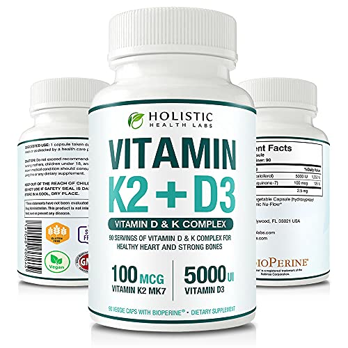 Max Absorption Vitamin K2 + D3 (5000IU) 90 Veggie Capsules from MK-7 (Menaquinone-7) and Cholecalciferol (with BioPerine) 3-Months Supply – D3 with K2 for Healthy Heart and Strong Bones | Non-GMO