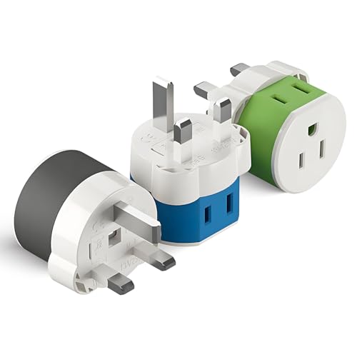UK, Ireland, Dubai Power Plug Adapter by OREI with 2 USA Inputs - Travel 3 Pack - Type G (US-7) Fuse Protected Safe Grounded Use with Cell Phones, Laptop, Camera Chargers, CPAP, and More
