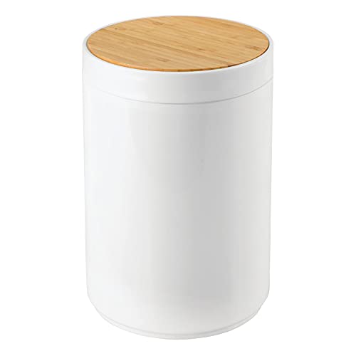 Book Cover mDesign Plastic Round Trash Can Small Wastebasket, Garbage Bin Container with Swing-Close Lid, Kitchen, Bathroom, Home Office, Bedroom Basket; Holds Waste, Recycling,1.3 Gallon - White/Natural